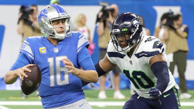 Seattle Seahawks linebacker Uchenna Nwosu rushes Detroit Lions quarterback Jared Goff during the second half at Ford Field,